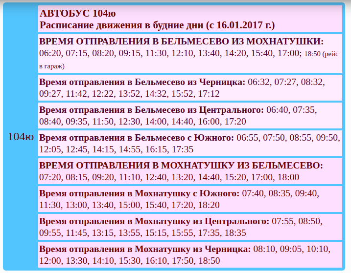 Расписание автобусов №104Ю п. Мохнатушка — п. Южный — п. Бельмесёво